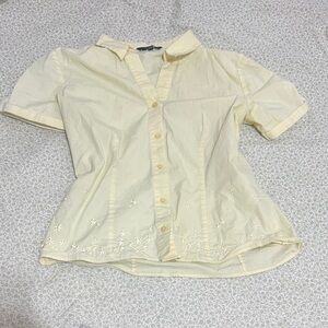 Butter yellow embroidered button up with lace tie